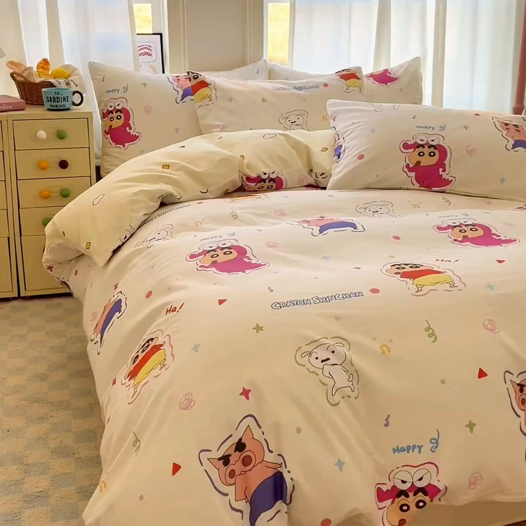 91家纺网 家纺一手货源 找家纺 浩诚 2026新款蜡笔小新正版授权全棉卡通四件套 圈圈小新