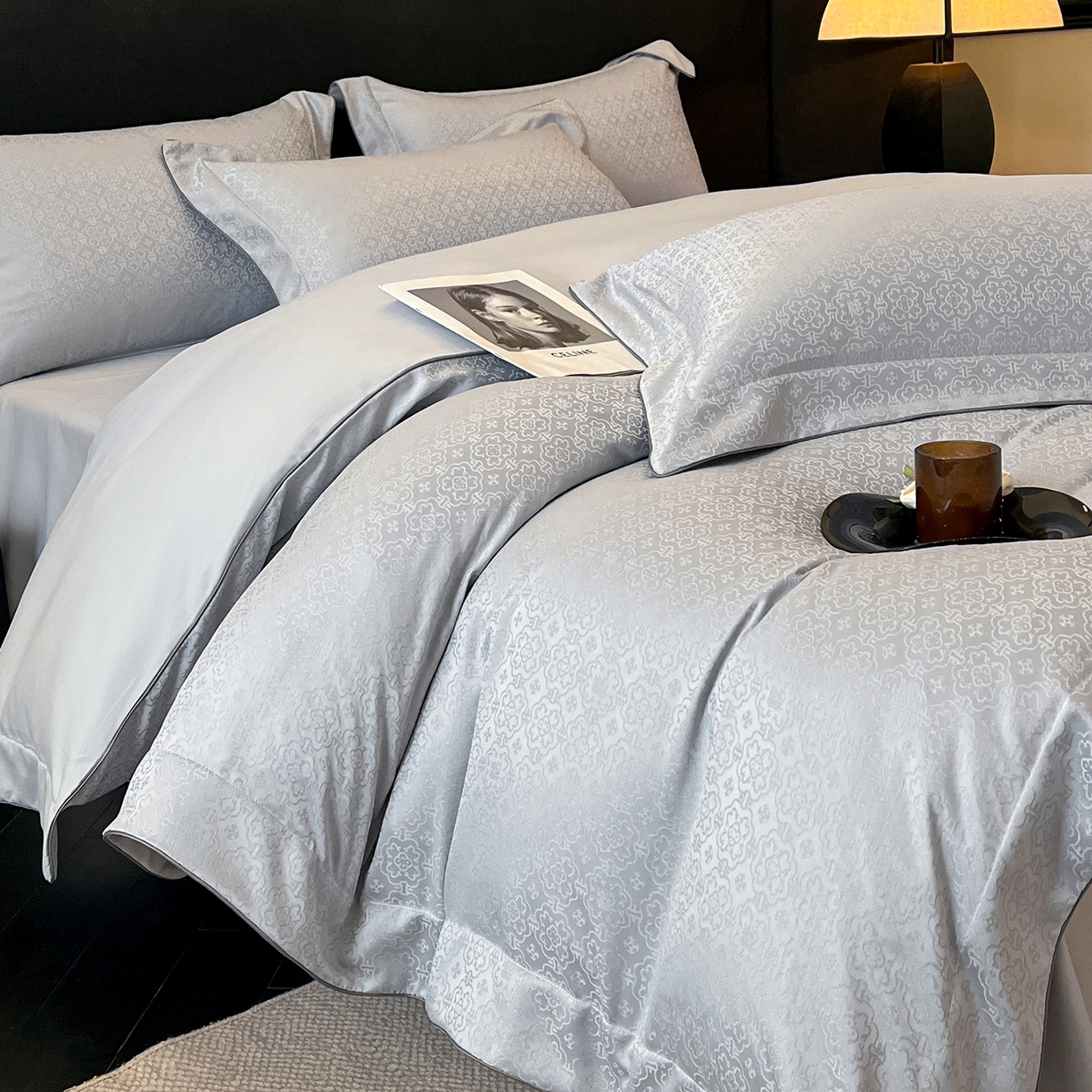 91家纺网 家纺一手货源 找家纺 置顶家纺 2026新款运吉亲肤提花麻绳系列四件套 运吉-瓷器蓝