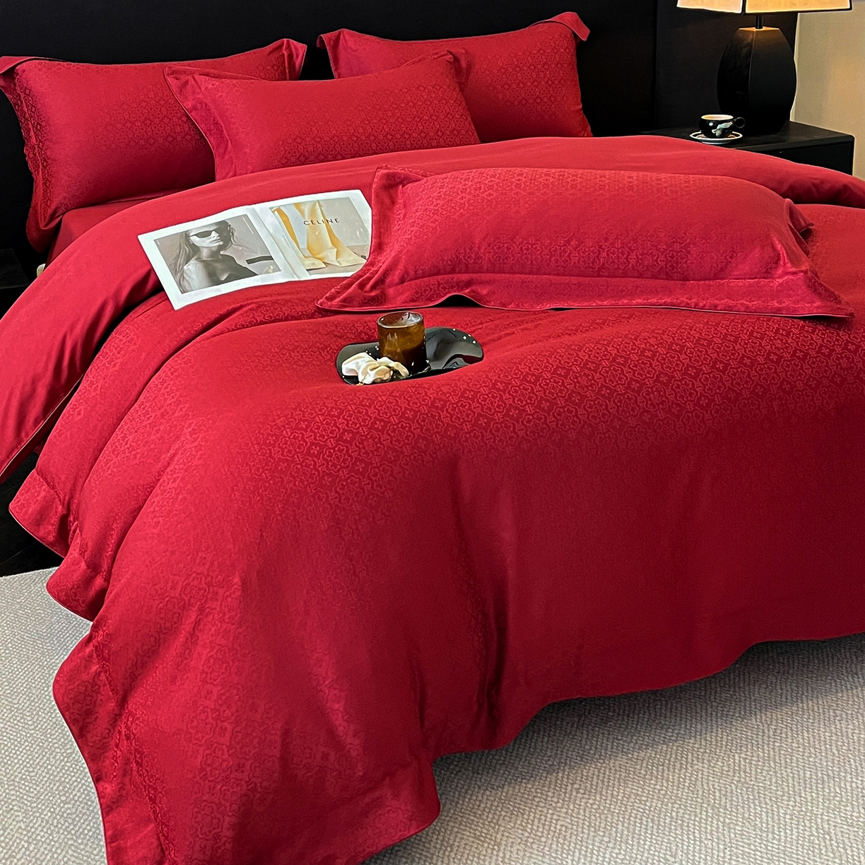 91家纺网 家纺一手货源 找家纺 置顶家纺 2026新款运吉亲肤提花麻绳系列四件套 运吉-大红