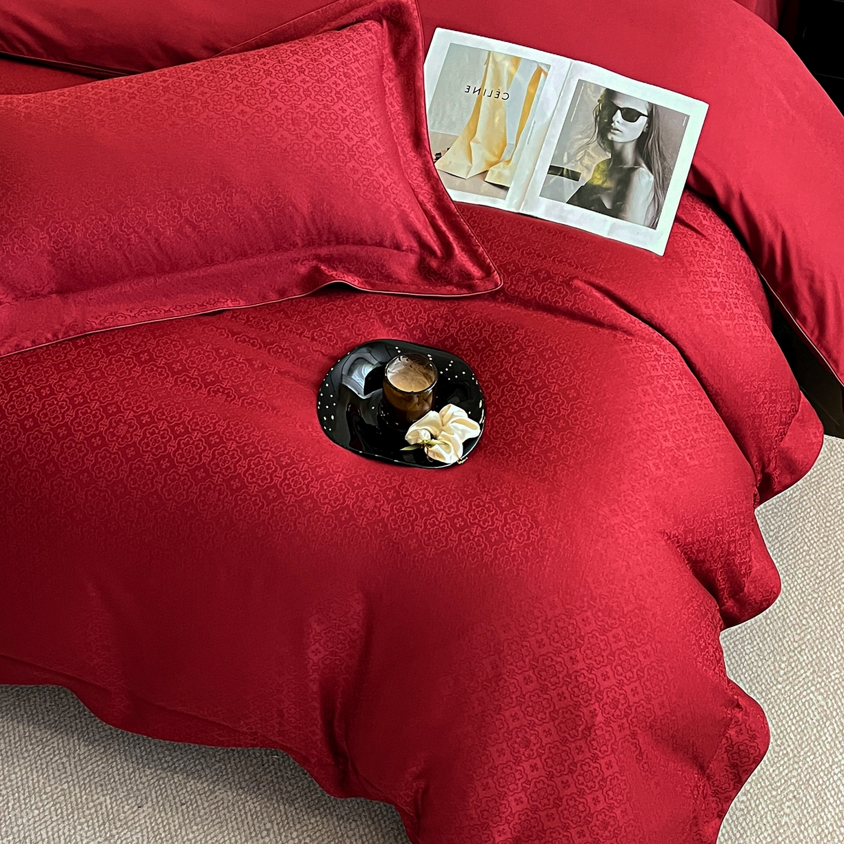 91家纺网 家纺一手货源 找家纺 置顶家纺 2026新款运吉亲肤提花麻绳系列四件套 运吉-大红