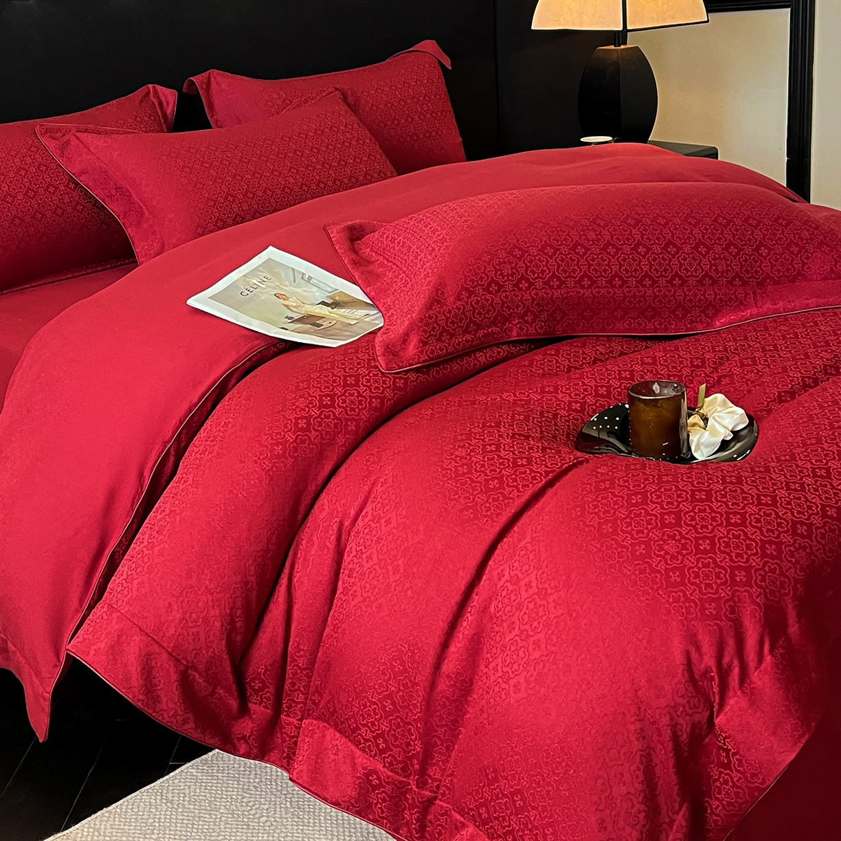 91家纺网 家纺一手货源 找家纺 置顶家纺 2026新款运吉亲肤提花麻绳系列四件套 运吉-大红