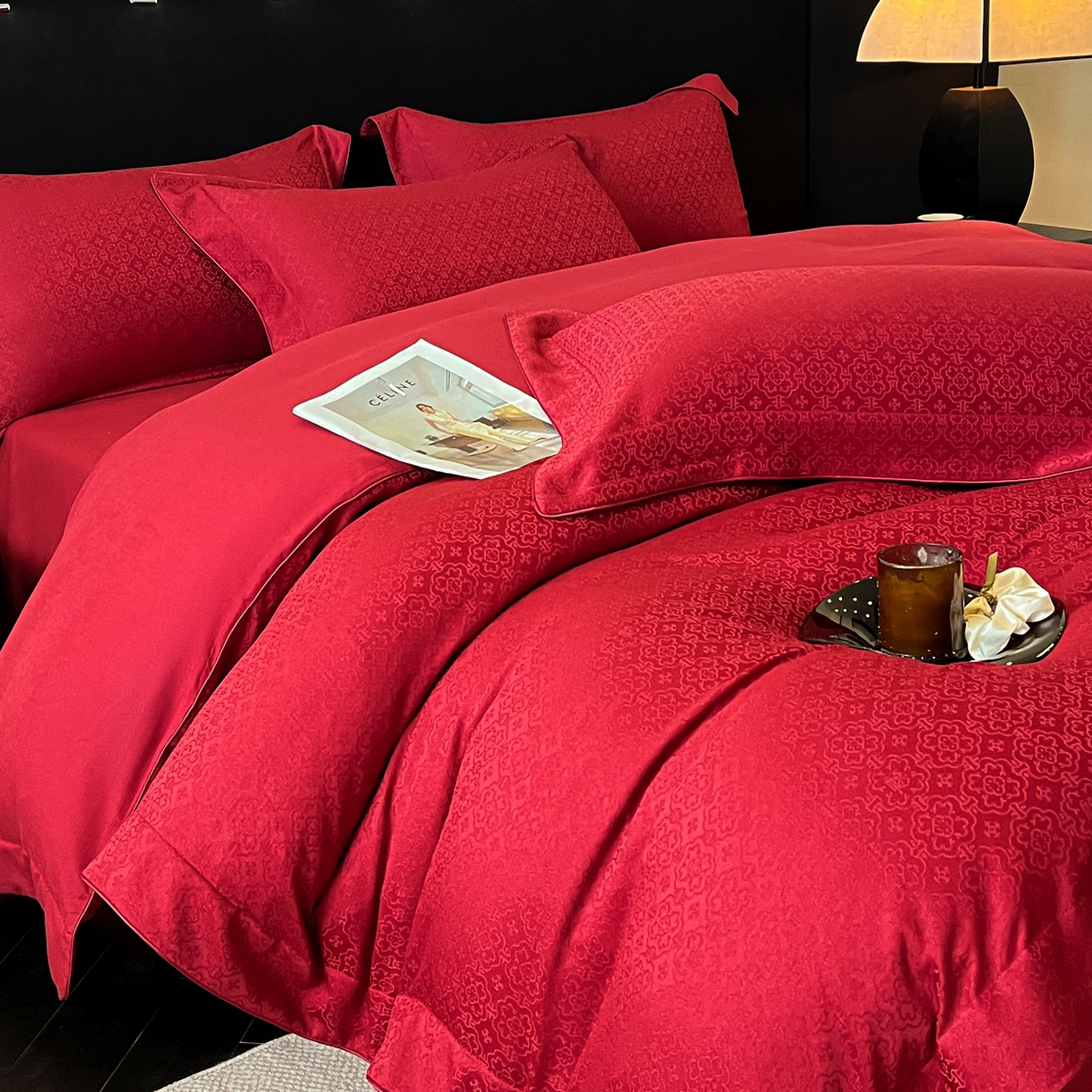 91家纺网 家纺一手货源 找家纺 置顶家纺 2026新款运吉亲肤提花麻绳系列四件套 运吉-大红