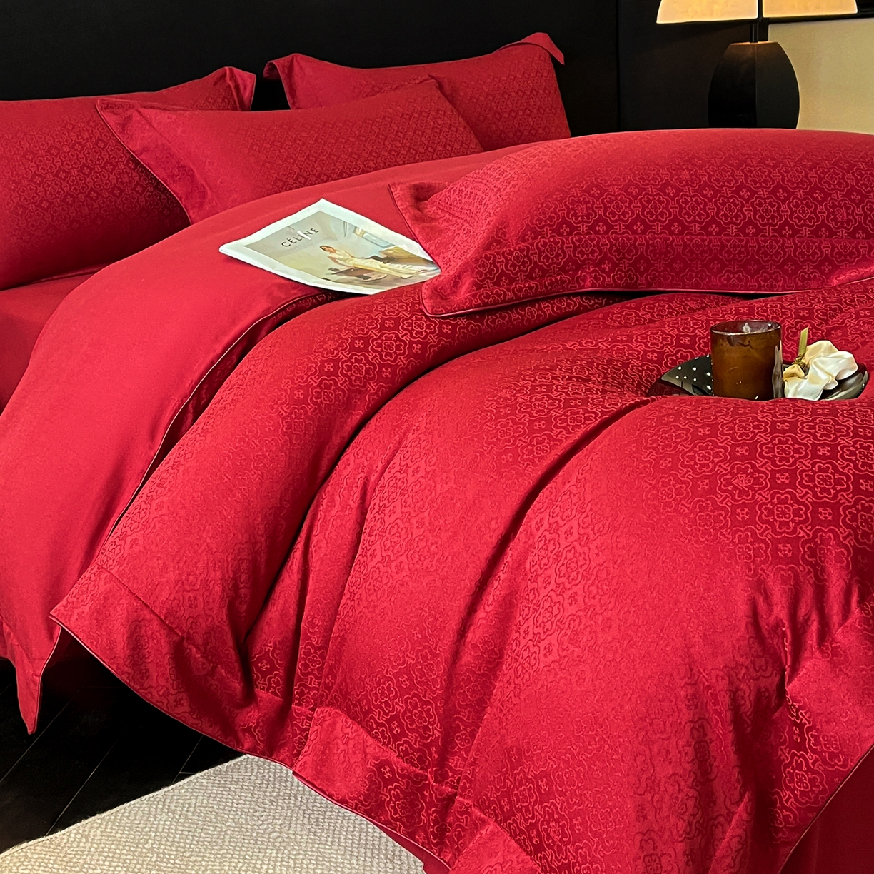 91家纺网 家纺一手货源 找家纺 置顶家纺 2026新款运吉亲肤提花麻绳系列四件套 运吉-大红