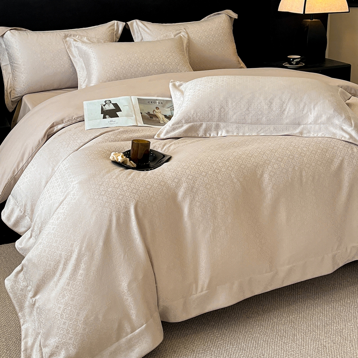 91家纺网 家纺一手货源 找家纺 置顶家纺 2026新款运吉亲肤提花麻绳系列四件套 运吉-奶咖