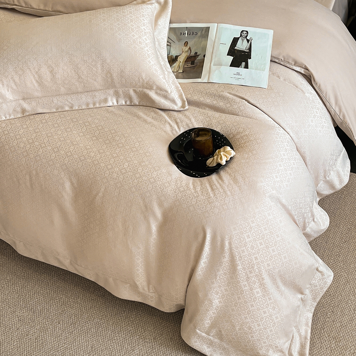 91家纺网 家纺一手货源 找家纺 置顶家纺 2026新款运吉亲肤提花麻绳系列四件套 运吉-奶咖