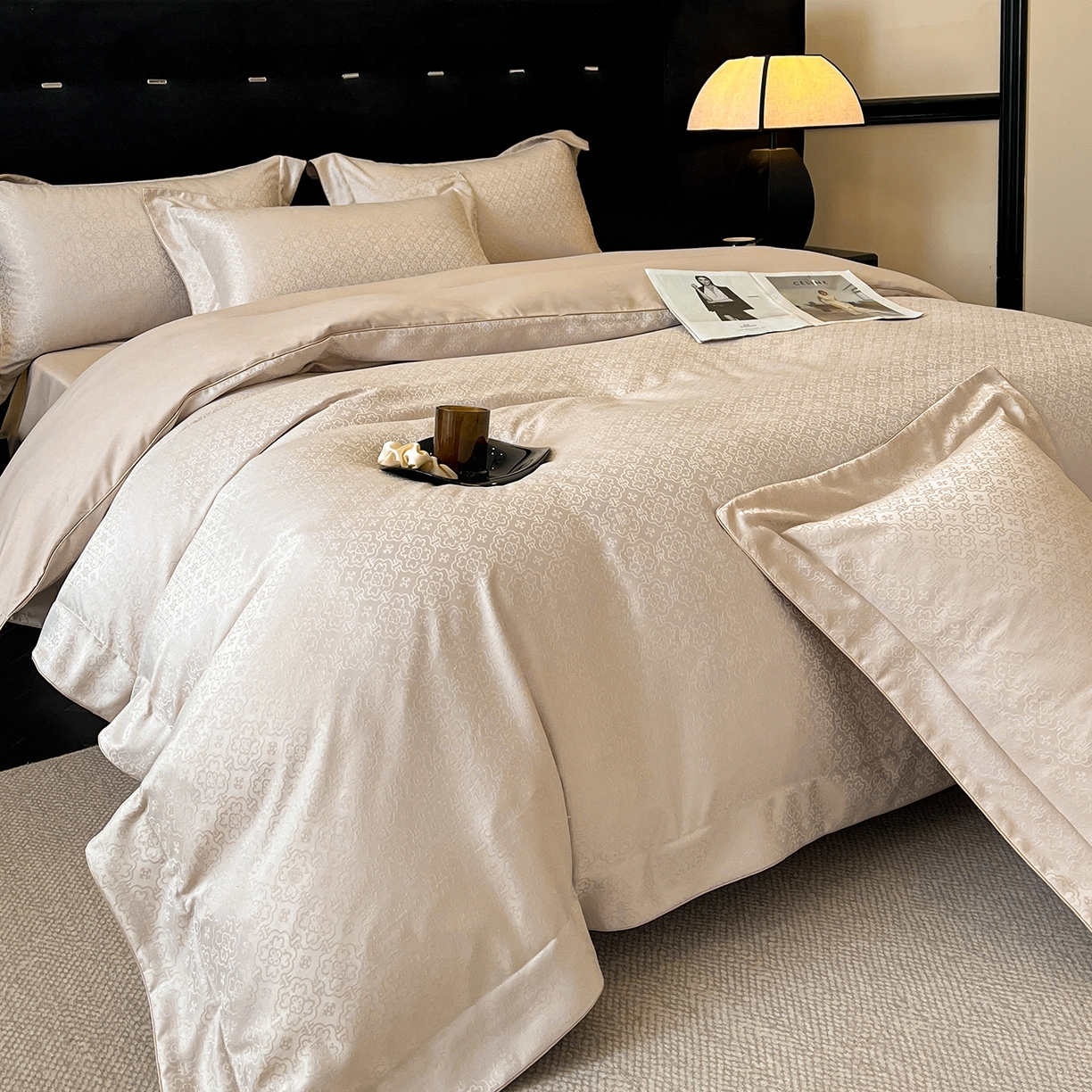 91家纺网 家纺一手货源 找家纺 置顶家纺 2026新款运吉亲肤提花麻绳系列四件套 运吉-奶咖