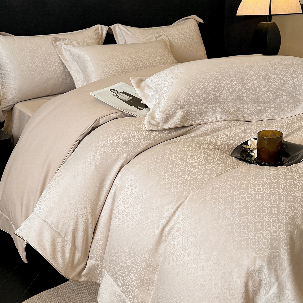 91家纺网 家纺一手货源 找家纺 置顶家纺 2026新款运吉亲肤提花麻绳系列四件套 运吉-奶咖