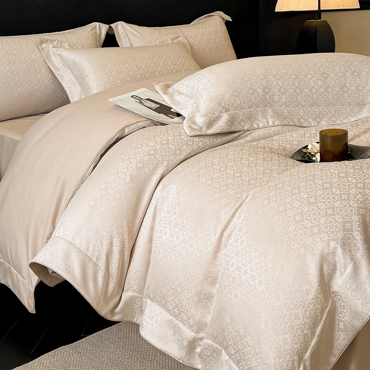 91家纺网 家纺一手货源 找家纺 置顶家纺 2026新款运吉亲肤提花麻绳系列四件套 运吉-奶咖