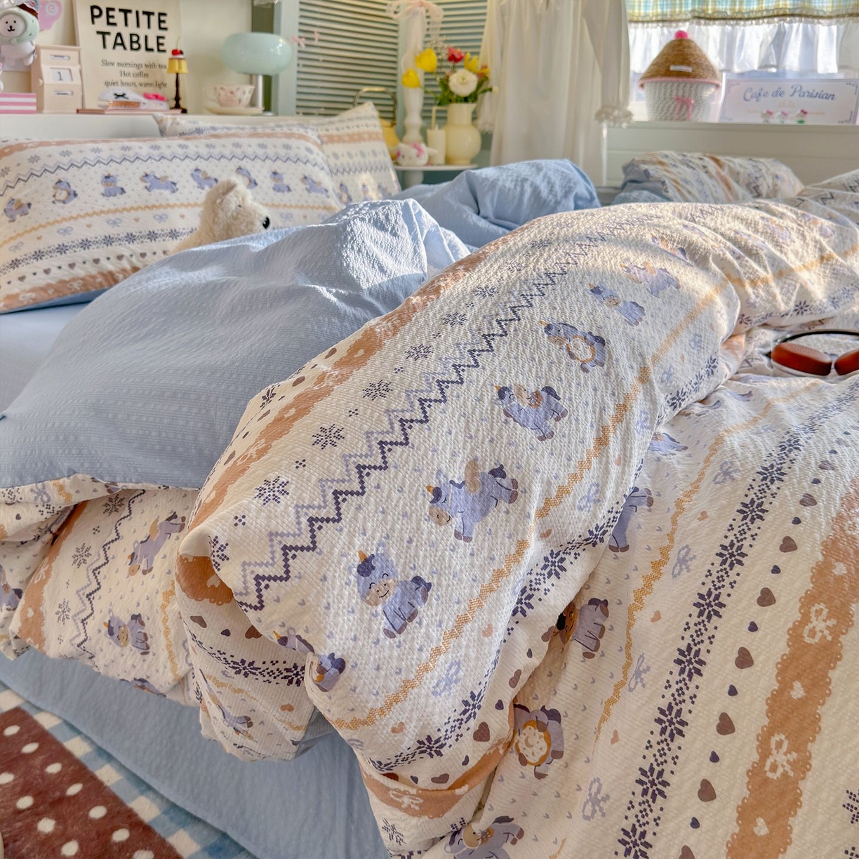 91家纺网 家纺一手货源 找家纺 （总）优选 2026新款110g小清新高克重高品质直播热卖款A类泡芙棉双层纱四件套