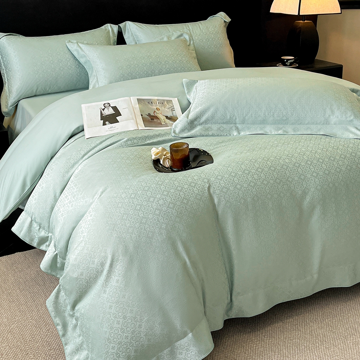 91家纺网 家纺一手货源 找家纺 置顶家纺 2026新款运吉亲肤提花麻绳系列四件套 运吉-水蓝