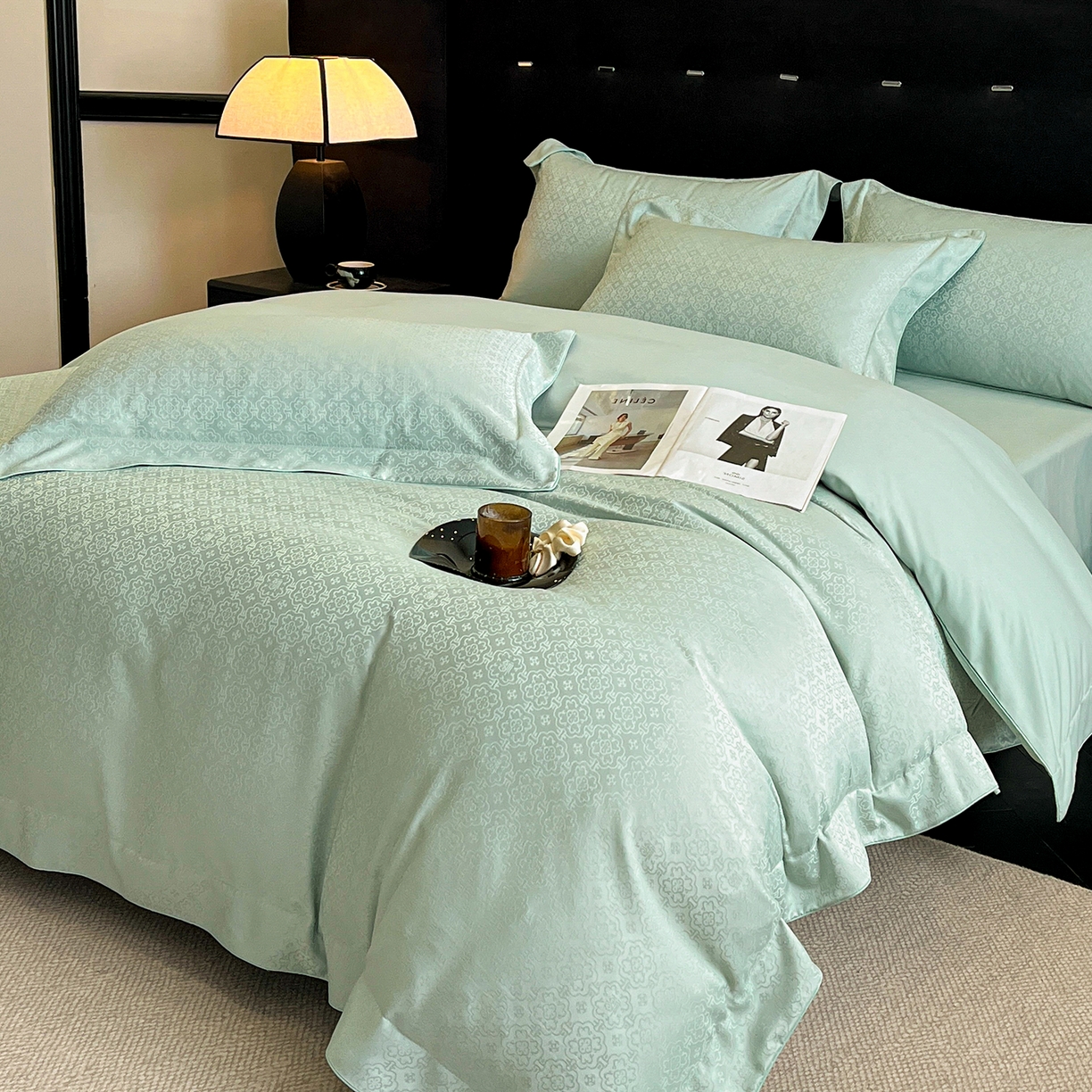 91家纺网 家纺一手货源 找家纺 置顶家纺 2026新款运吉亲肤提花麻绳系列四件套 运吉-水蓝