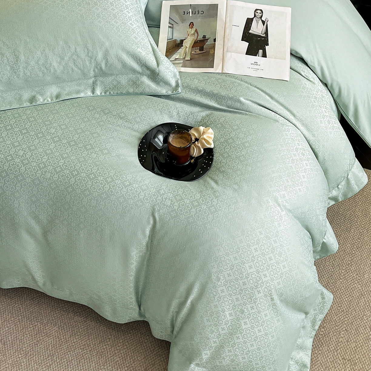 91家纺网 家纺一手货源 找家纺 置顶家纺 2026新款运吉亲肤提花麻绳系列四件套 运吉-水蓝