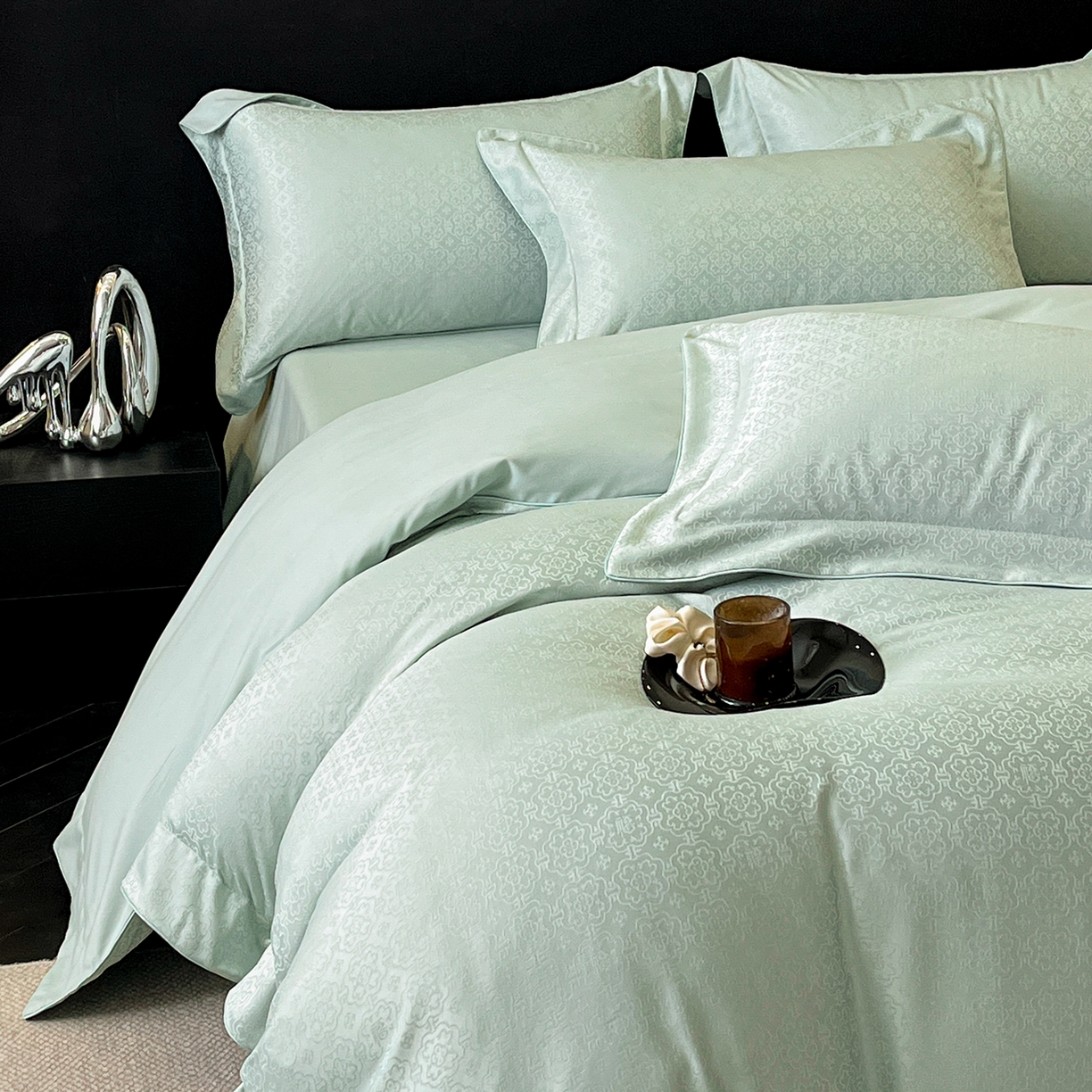 91家纺网 家纺一手货源 找家纺 置顶家纺 2026新款运吉亲肤提花麻绳系列四件套 运吉-水蓝