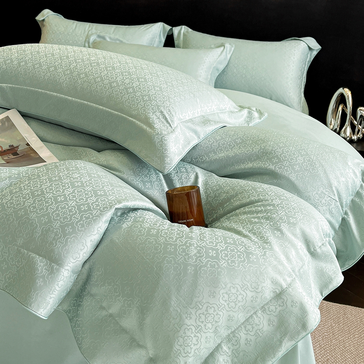 91家纺网 家纺一手货源 找家纺 置顶家纺 2026新款运吉亲肤提花麻绳系列四件套 运吉-水蓝