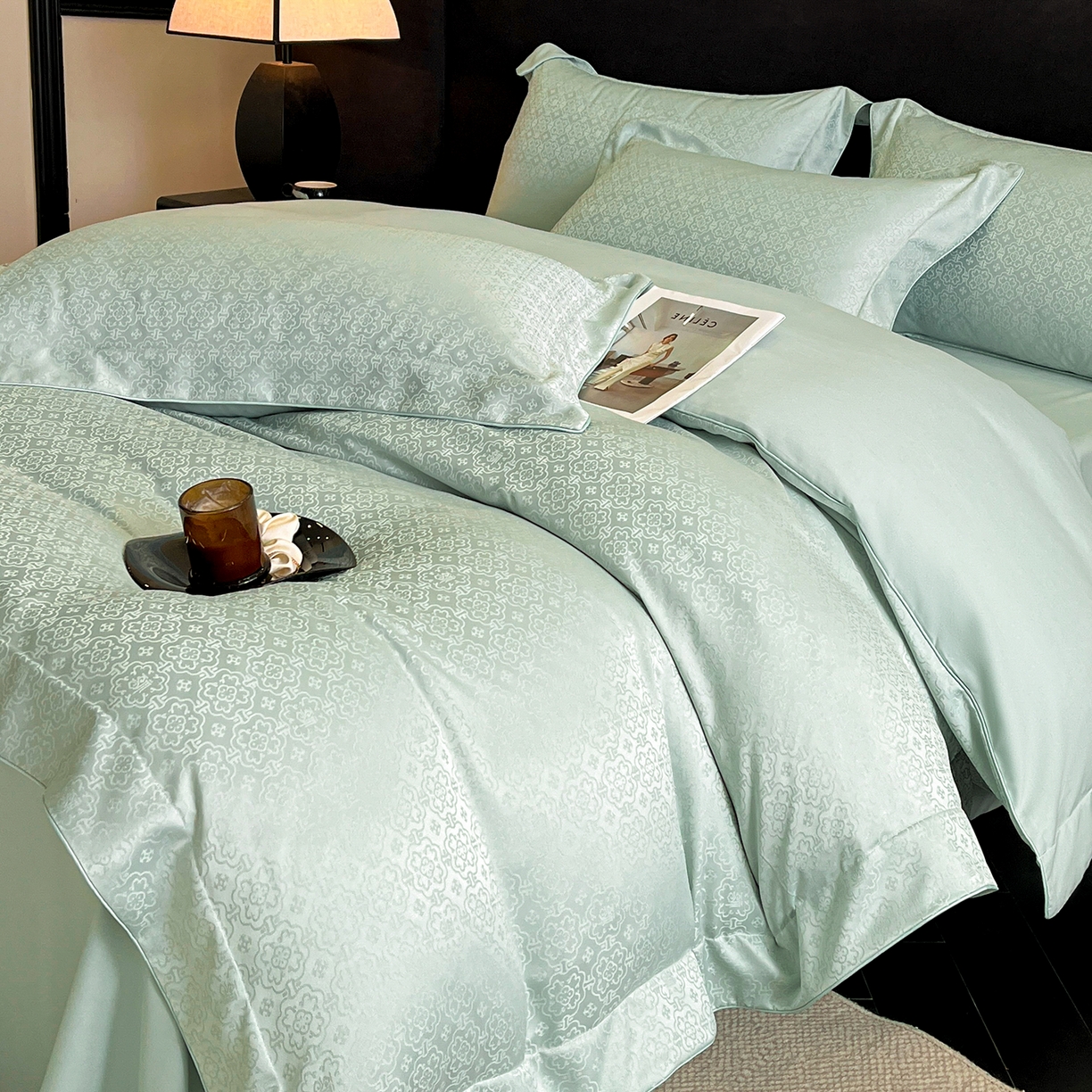 91家纺网 家纺一手货源 找家纺 置顶家纺 2026新款运吉亲肤提花麻绳系列四件套 运吉-水蓝