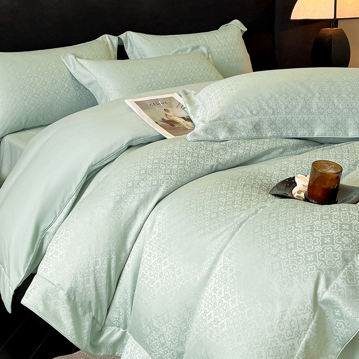 91家纺网 家纺一手货源 找家纺 置顶家纺 2026新款运吉亲肤提花麻绳系列四件套 运吉-水蓝