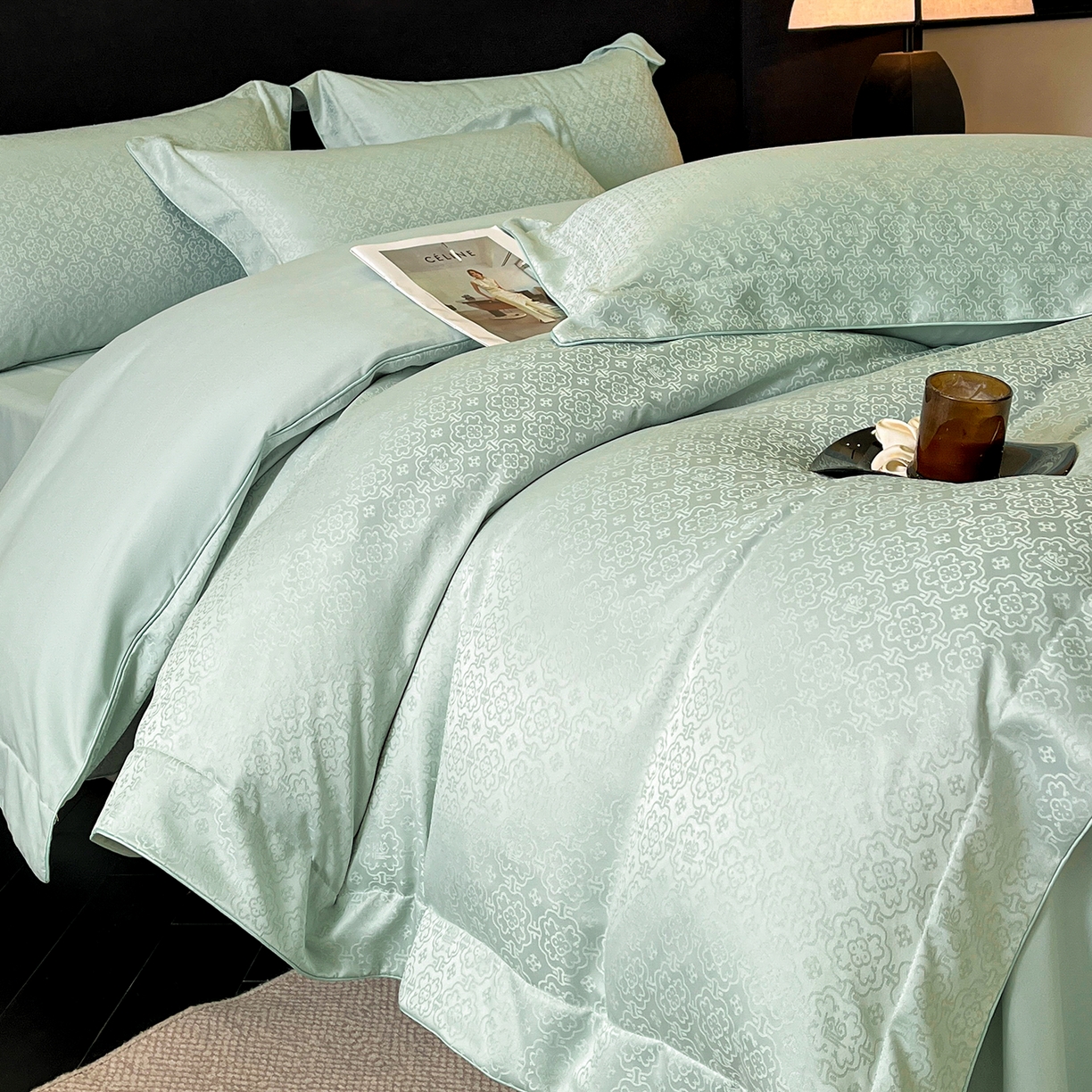 91家纺网 家纺一手货源 找家纺 置顶家纺 2026新款运吉亲肤提花麻绳系列四件套 运吉-水蓝