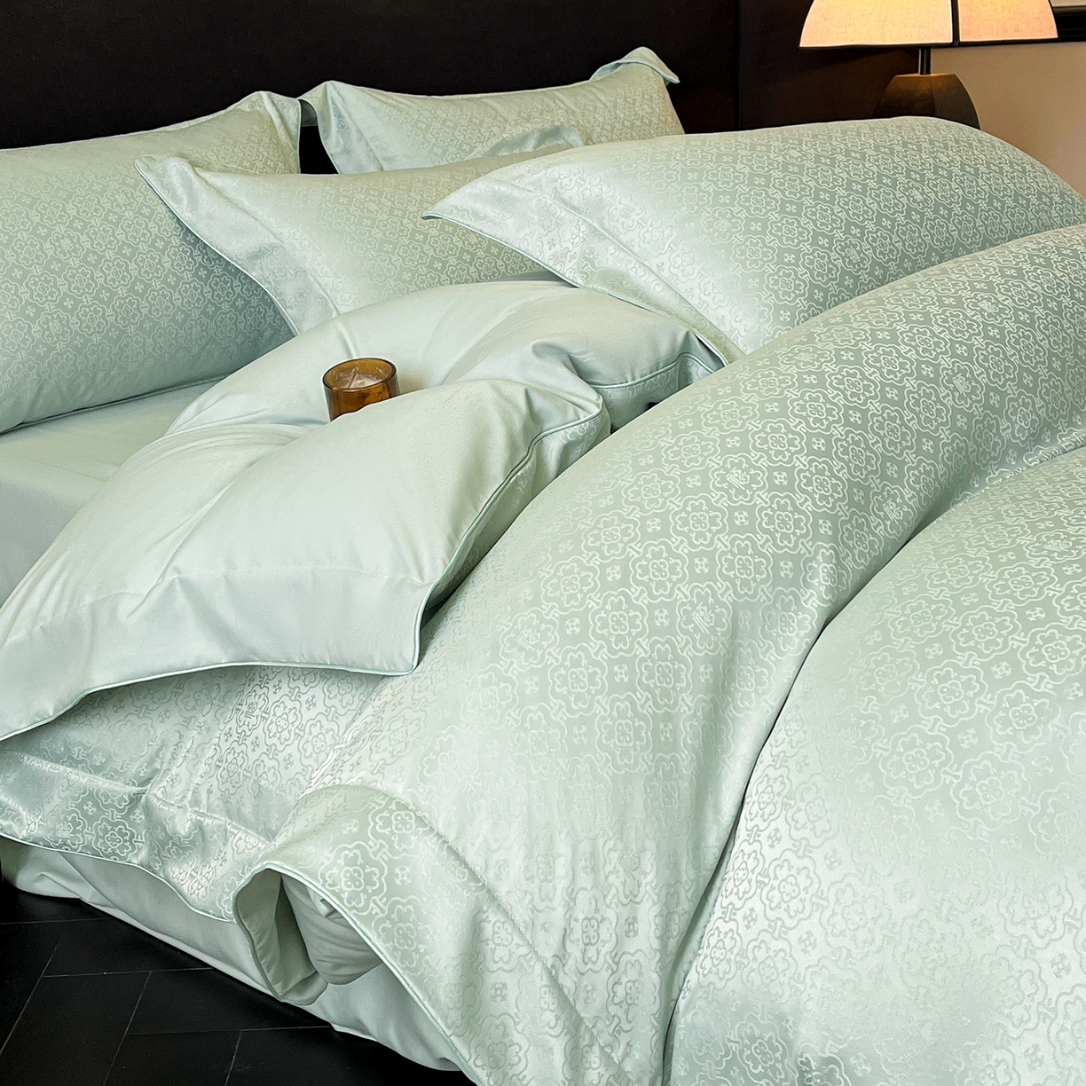 91家纺网 家纺一手货源 找家纺 置顶家纺 2026新款运吉亲肤提花麻绳系列四件套 运吉-水蓝