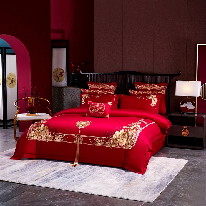 91家纺网 家纺一手货源 找家纺 红番天婚庆 2026新款全棉刺绣新中式婚庆四件套多件套 禧绣盈门-金