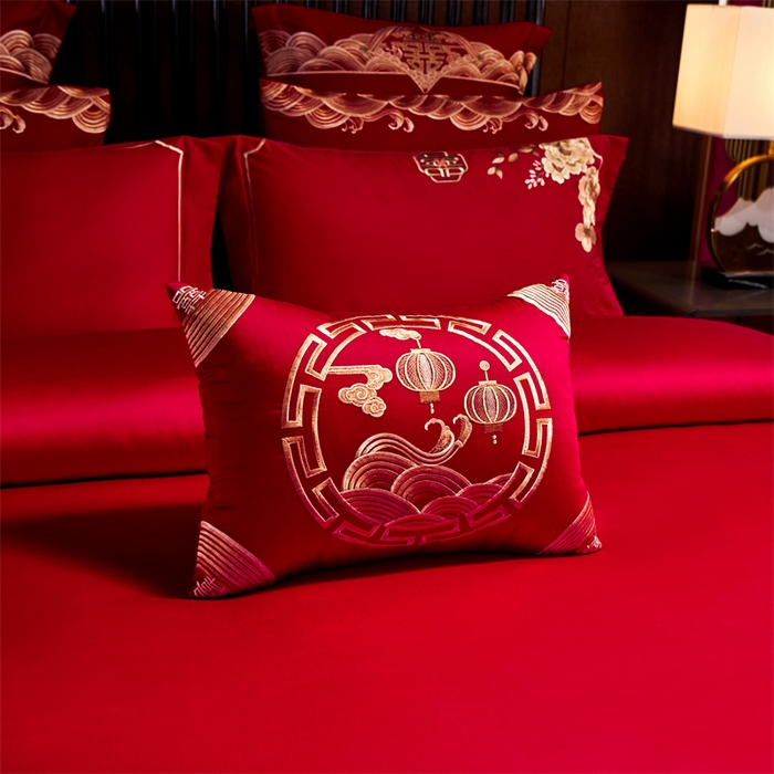 91家纺网 家纺一手货源 找家纺 红番天婚庆 2026新款全棉刺绣新中式婚庆四件套多件套 禧绣盈门-金