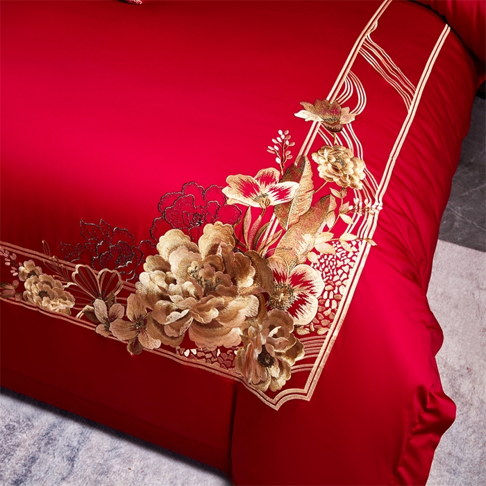 91家纺网 家纺一手货源 找家纺 红番天婚庆 2026新款全棉刺绣新中式婚庆四件套多件套 禧绣盈门-金