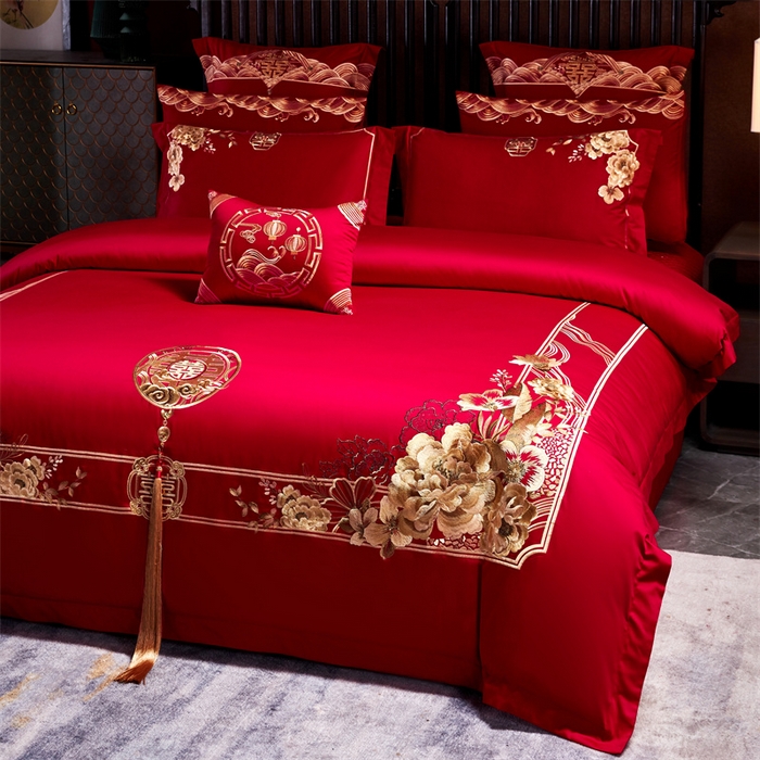 91家纺网 家纺一手货源 找家纺 红番天婚庆 2026新款全棉刺绣新中式婚庆四件套多件套 禧绣盈门-金