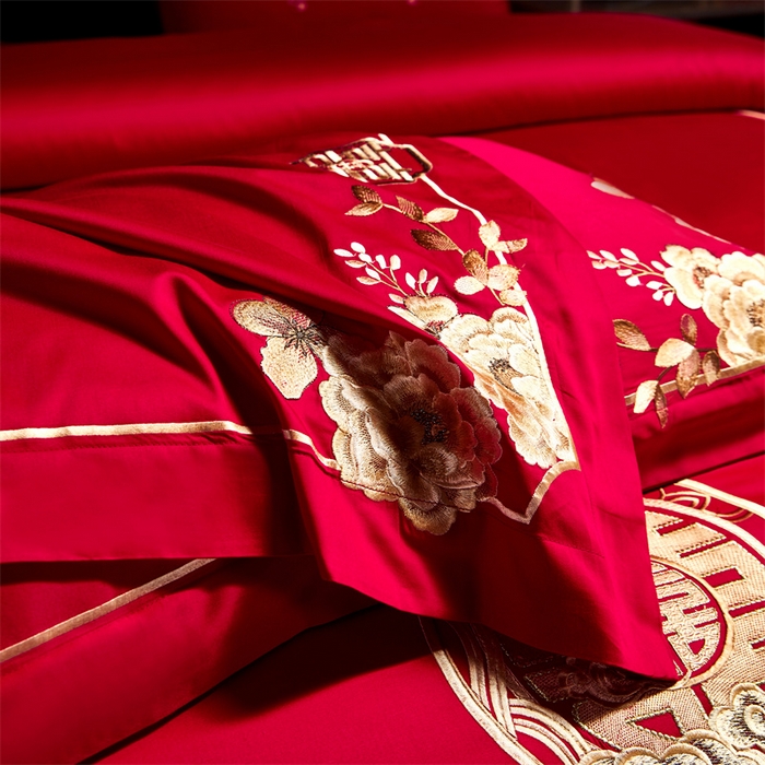 91家纺网 家纺一手货源 找家纺 红番天婚庆 2026新款全棉刺绣新中式婚庆四件套多件套 禧绣盈门-金