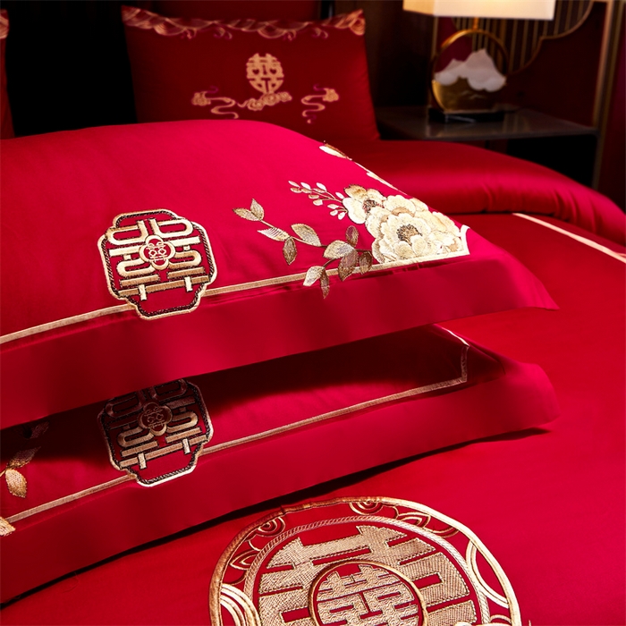 91家纺网 家纺一手货源 找家纺 红番天婚庆 2026新款全棉刺绣新中式婚庆四件套多件套 禧绣盈门-金