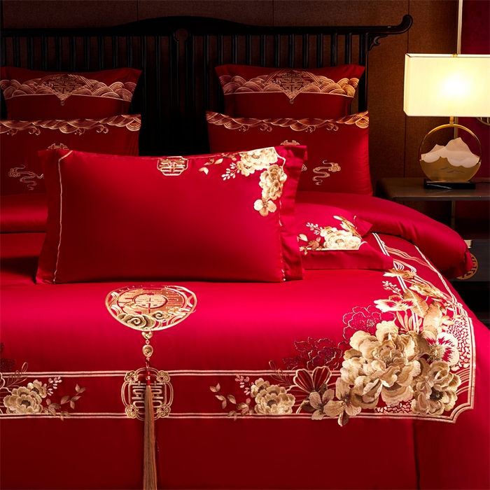 91家纺网 家纺一手货源 找家纺 红番天婚庆 2026新款全棉刺绣新中式婚庆四件套多件套 禧绣盈门-金