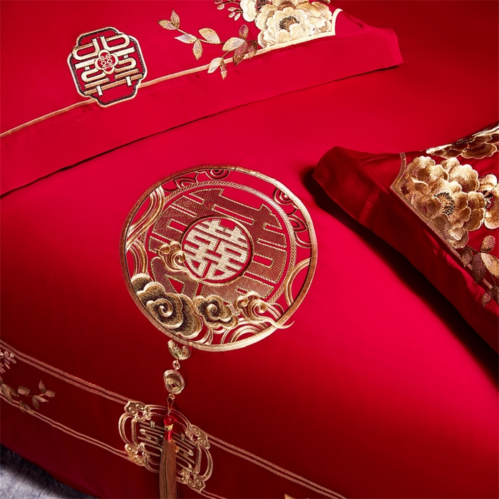 91家纺网 家纺一手货源 找家纺 红番天婚庆 2026新款全棉刺绣新中式婚庆四件套多件套 禧绣盈门-金