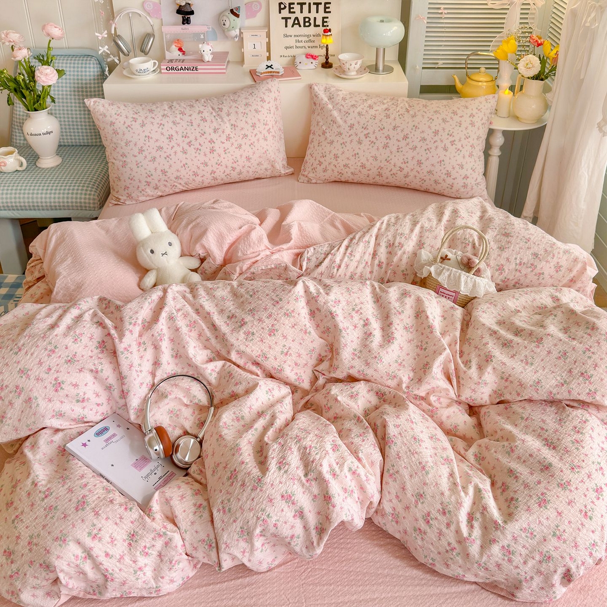 91家纺网 家纺一手货源 找家纺 优选 2026新款110g小清新高克重高品质直播热卖款A类泡芙棉双层纱四件套 蔷薇絮