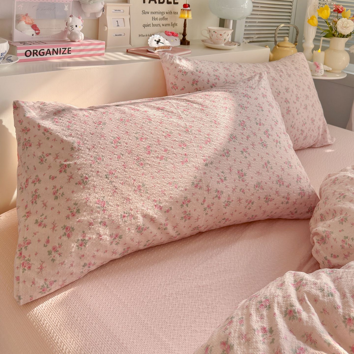 91家纺网 家纺一手货源 找家纺 优选 2026新款110g小清新高克重高品质直播热卖款A类泡芙棉双层纱四件套 蔷薇絮