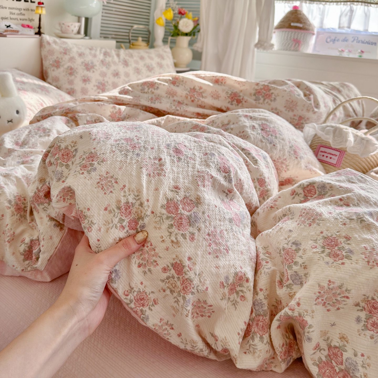 91家纺网 家纺一手货源 找家纺 优选 2026新款110g小清新高克重高品质直播热卖款A类泡芙棉双层纱四件套 春日限定