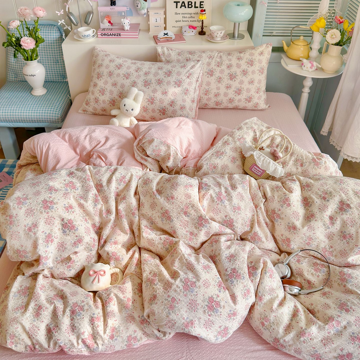 91家纺网 家纺一手货源 找家纺 优选 2026新款110g小清新高克重高品质直播热卖款A类泡芙棉双层纱四件套 春日限定