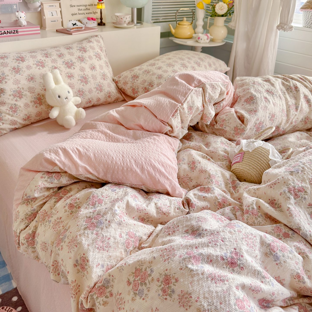 91家纺网 家纺一手货源 找家纺 优选 2026新款110g小清新高克重高品质直播热卖款A类泡芙棉双层纱四件套 春日限定