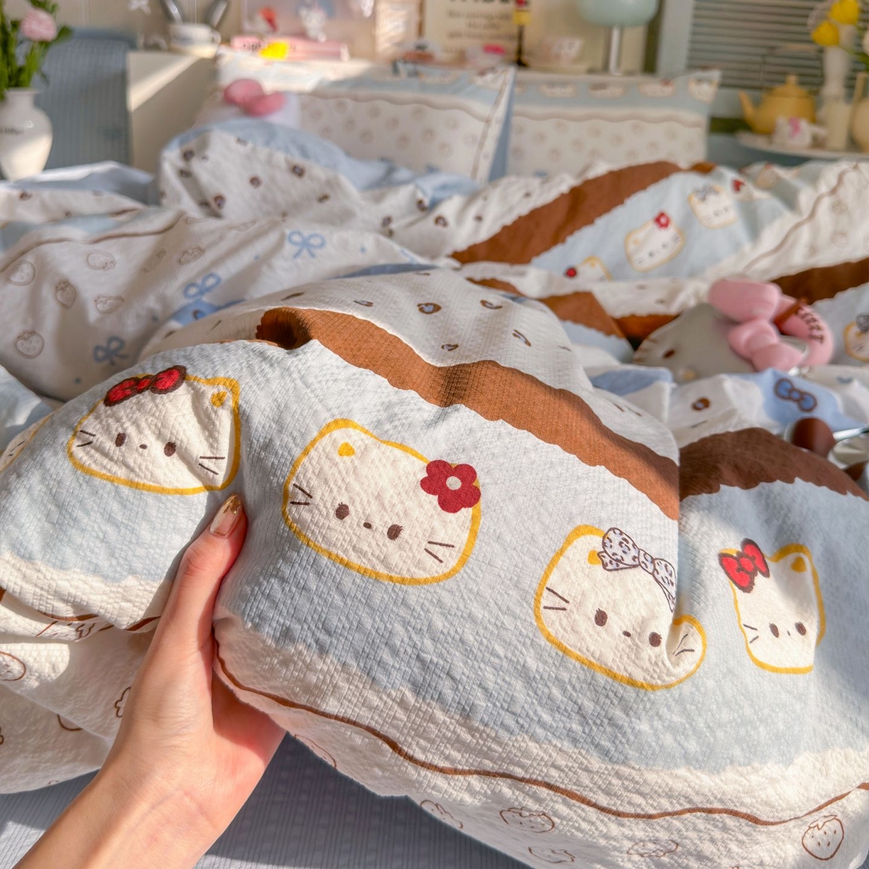 91家纺网 家纺一手货源 找家纺 优选 2026新款110g小清新高克重高品质直播热卖款A类泡芙棉双层纱四件套 韩范小猫