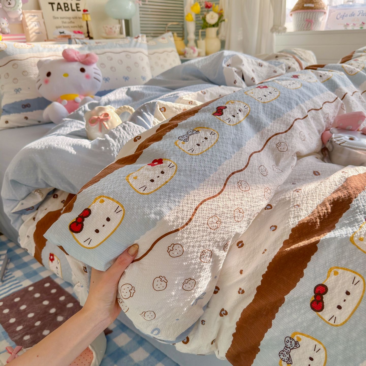 91家纺网 家纺一手货源 找家纺 优选 2026新款110g小清新高克重高品质直播热卖款A类泡芙棉双层纱四件套 韩范小猫