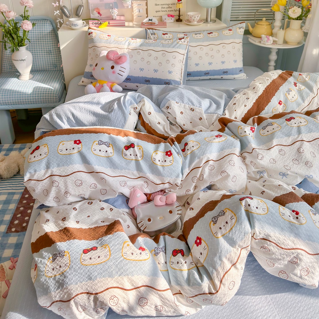 91家纺网 家纺一手货源 找家纺 优选 2026新款110g小清新高克重高品质直播热卖款A类泡芙棉双层纱四件套 韩范小猫