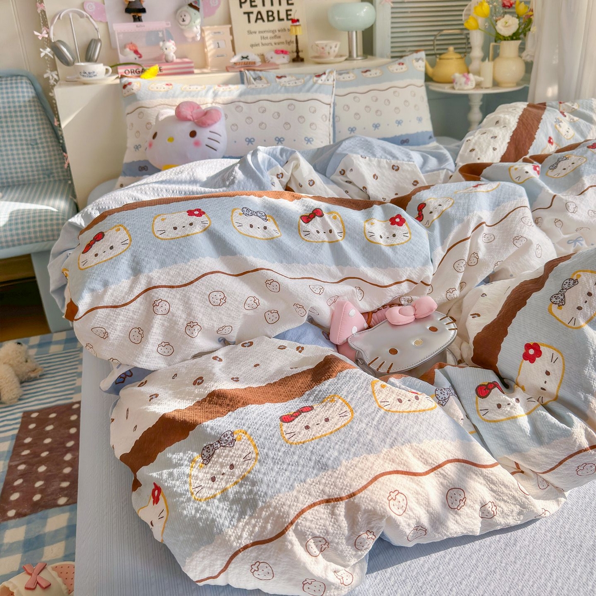 91家纺网 家纺一手货源 找家纺 优选 2026新款110g小清新高克重高品质直播热卖款A类泡芙棉双层纱四件套 韩范小猫