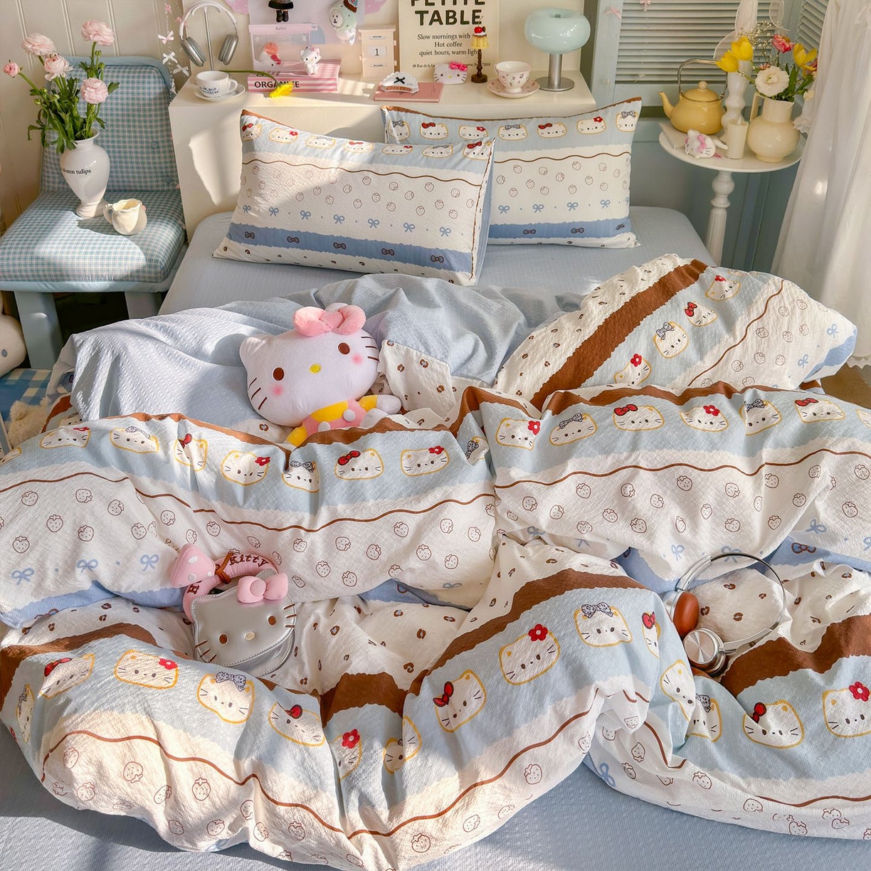 91家纺网 家纺一手货源 找家纺 优选 2026新款110g小清新高克重高品质直播热卖款A类泡芙棉双层纱四件套 韩范小猫