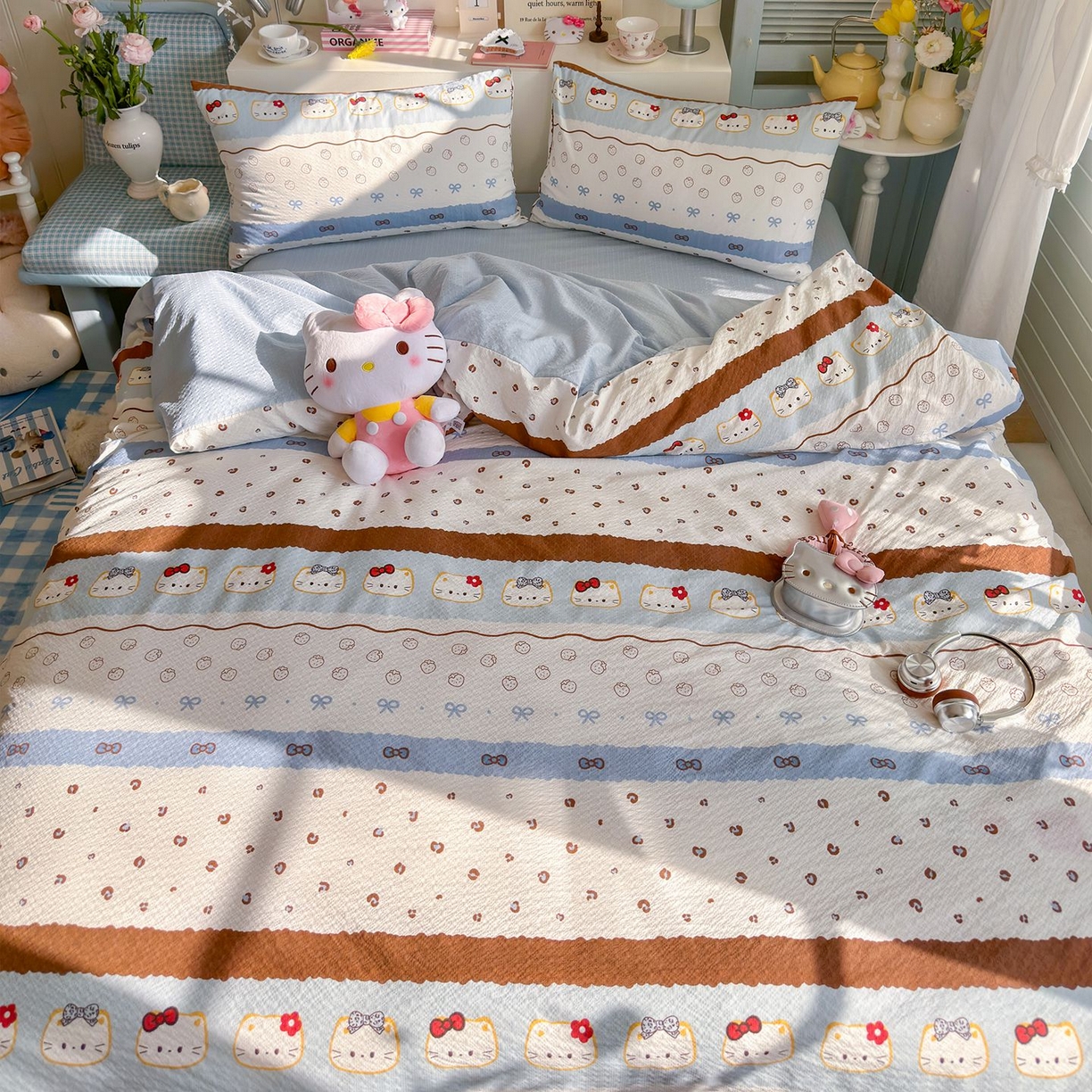 91家纺网 家纺一手货源 找家纺 优选 2026新款110g小清新高克重高品质直播热卖款A类泡芙棉双层纱四件套 韩范小猫