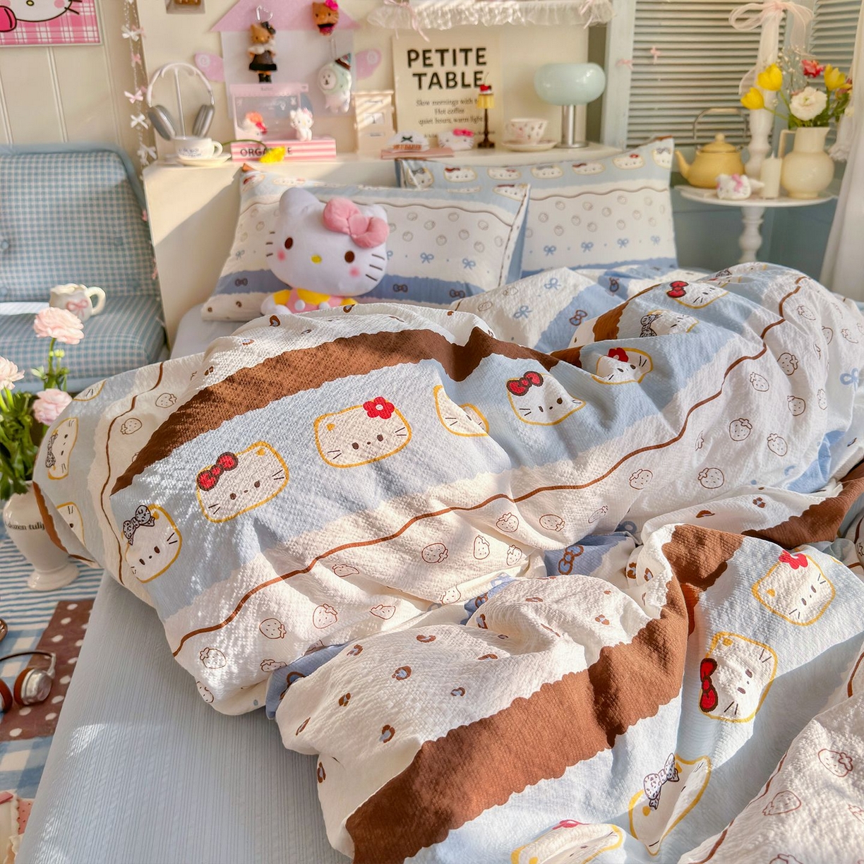 91家纺网 家纺一手货源 找家纺 优选 2026新款110g小清新高克重高品质直播热卖款A类泡芙棉双层纱四件套 韩范小猫