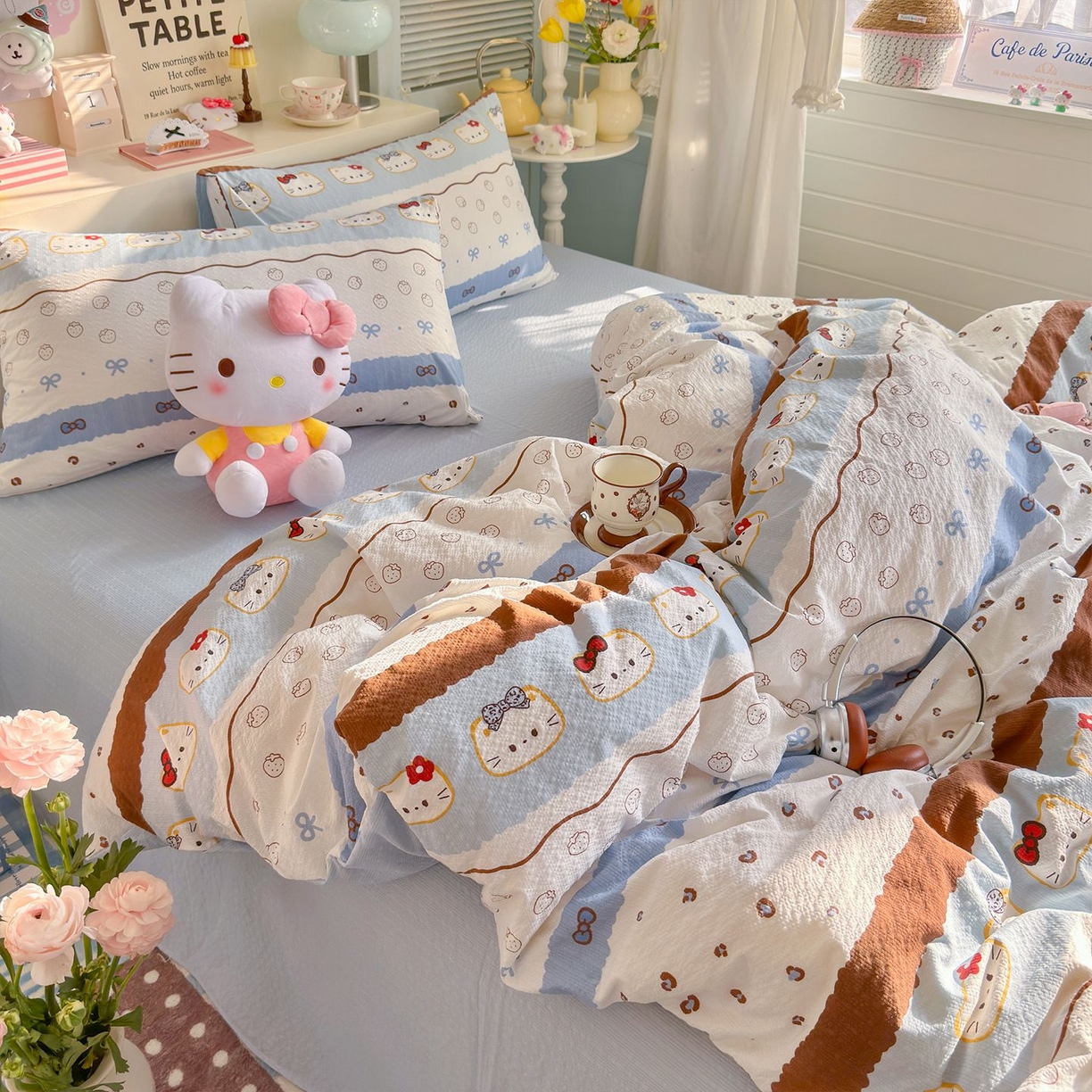 91家纺网 家纺一手货源 找家纺 优选 2026新款110g小清新高克重高品质直播热卖款A类泡芙棉双层纱四件套 韩范小猫