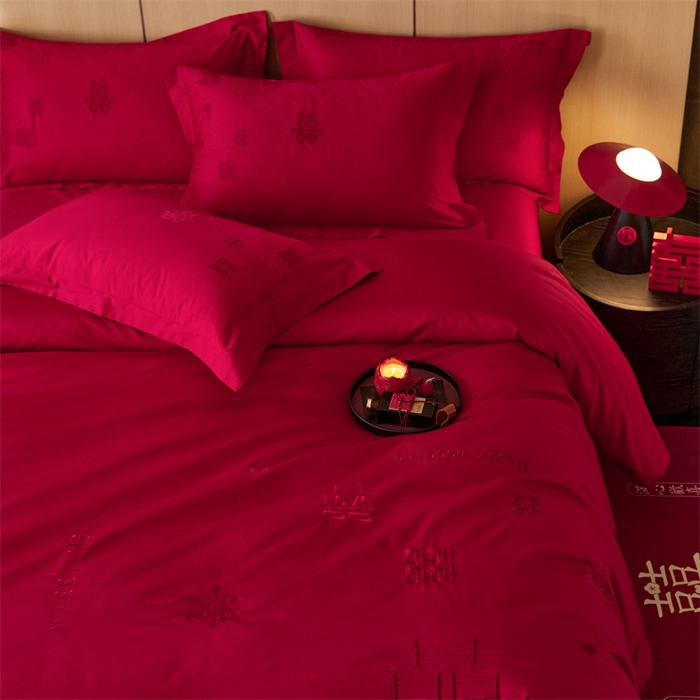 91家纺网 家纺一手货源 找家纺 红番天婚庆 2026新款全棉刺绣新中式婚庆四件套多件套 喜来多-红