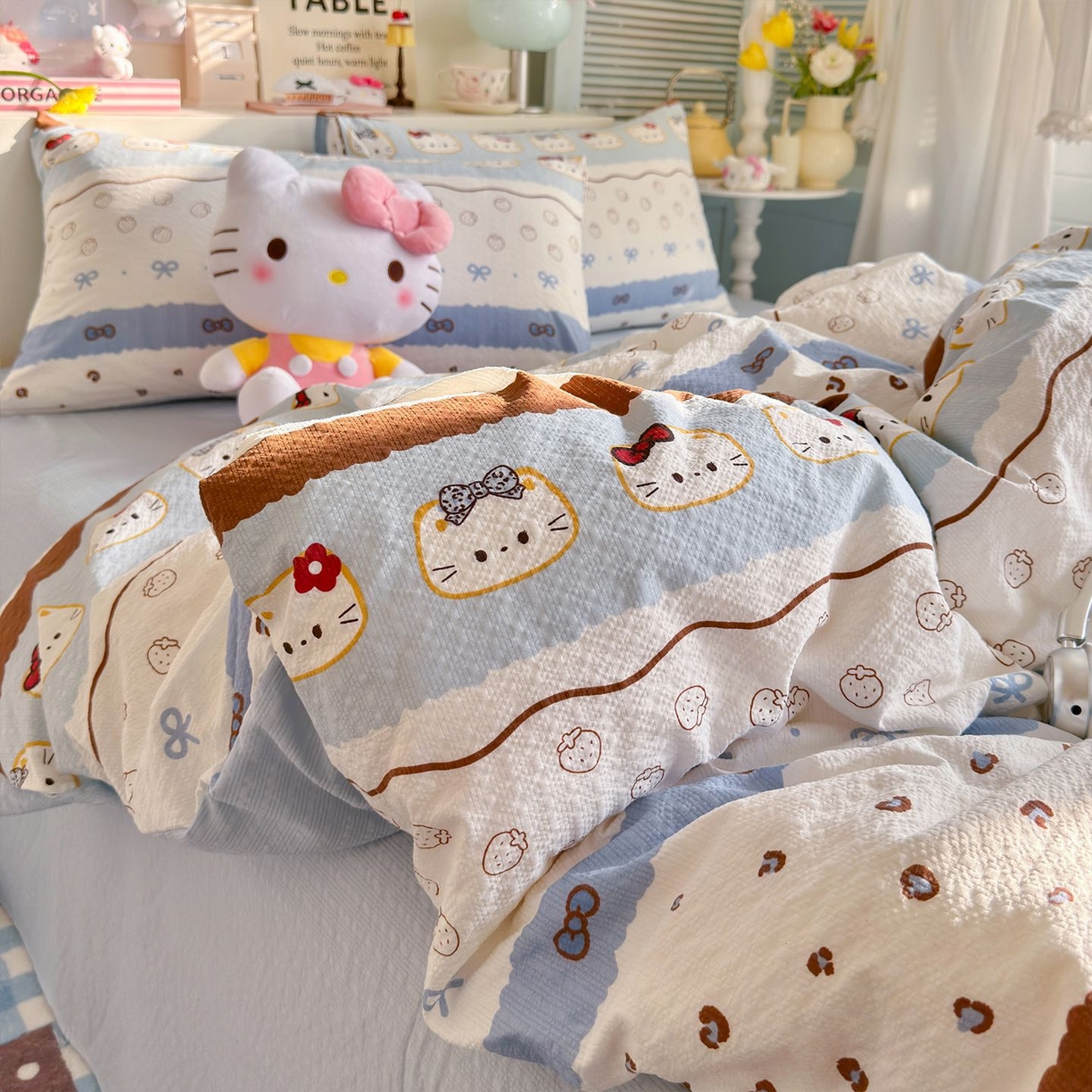 91家纺网 家纺一手货源 找家纺 优选 2026新款110g小清新高克重高品质直播热卖款A类泡芙棉双层纱四件套 韩范小猫