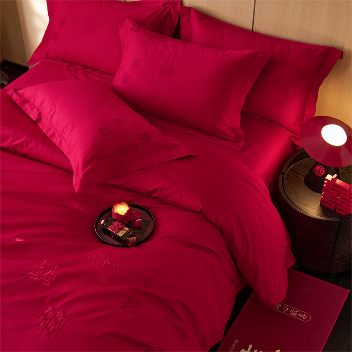 91家纺网 家纺一手货源 找家纺 红番天婚庆 2026新款全棉刺绣新中式婚庆四件套多件套 喜来多-红