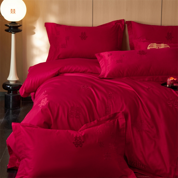 91家纺网 家纺一手货源 找家纺 红番天婚庆 2026新款全棉刺绣新中式婚庆四件套多件套 喜来多-红