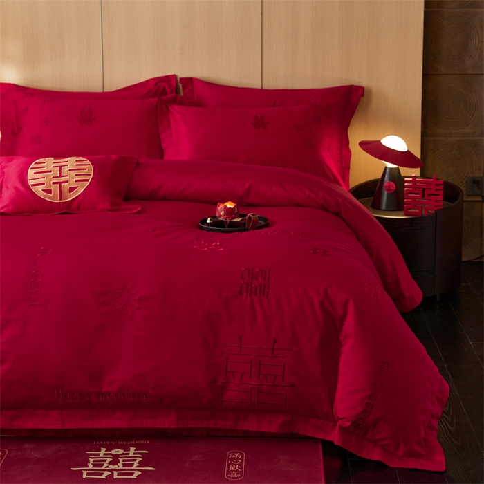 91家纺网 家纺一手货源 找家纺 红番天婚庆 2026新款全棉刺绣新中式婚庆四件套多件套 喜来多-红