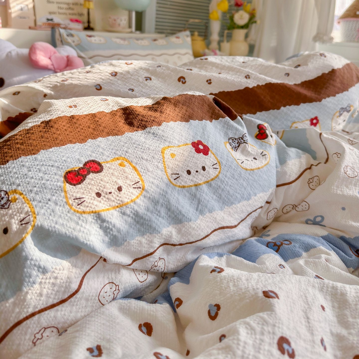 91家纺网 家纺一手货源 找家纺 优选 2026新款110g小清新高克重高品质直播热卖款A类泡芙棉双层纱四件套 韩范小猫