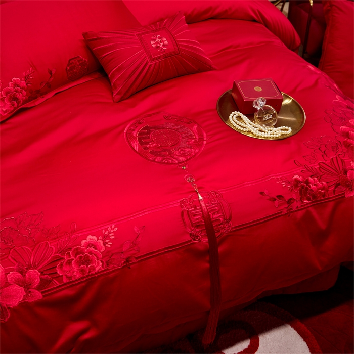 91家纺网 家纺一手货源 找家纺 红番天婚庆 2026新款全棉刺绣新中式婚庆四件套多件套 禧绣盈门-红-时尚